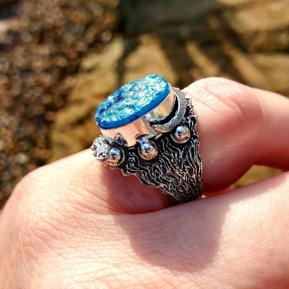 New Unique Blue Titanium Druzy Lizard Silver Ring. - Picture 2 of 12